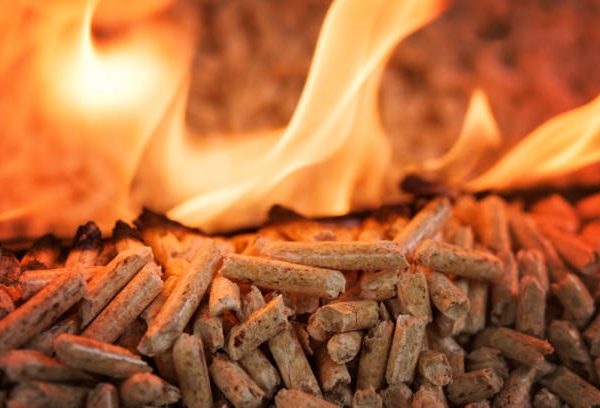 Closeup of Pile of coniferous pellets in flames - wooden biomass
